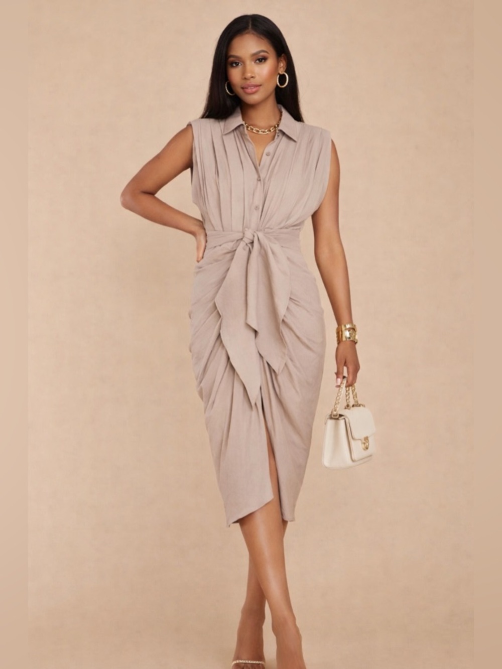 Sleeveless Taupe Tie-Front Midi Dress